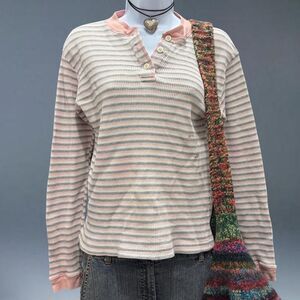 vintage 90s retro pastel striped thermal henley waffle top
